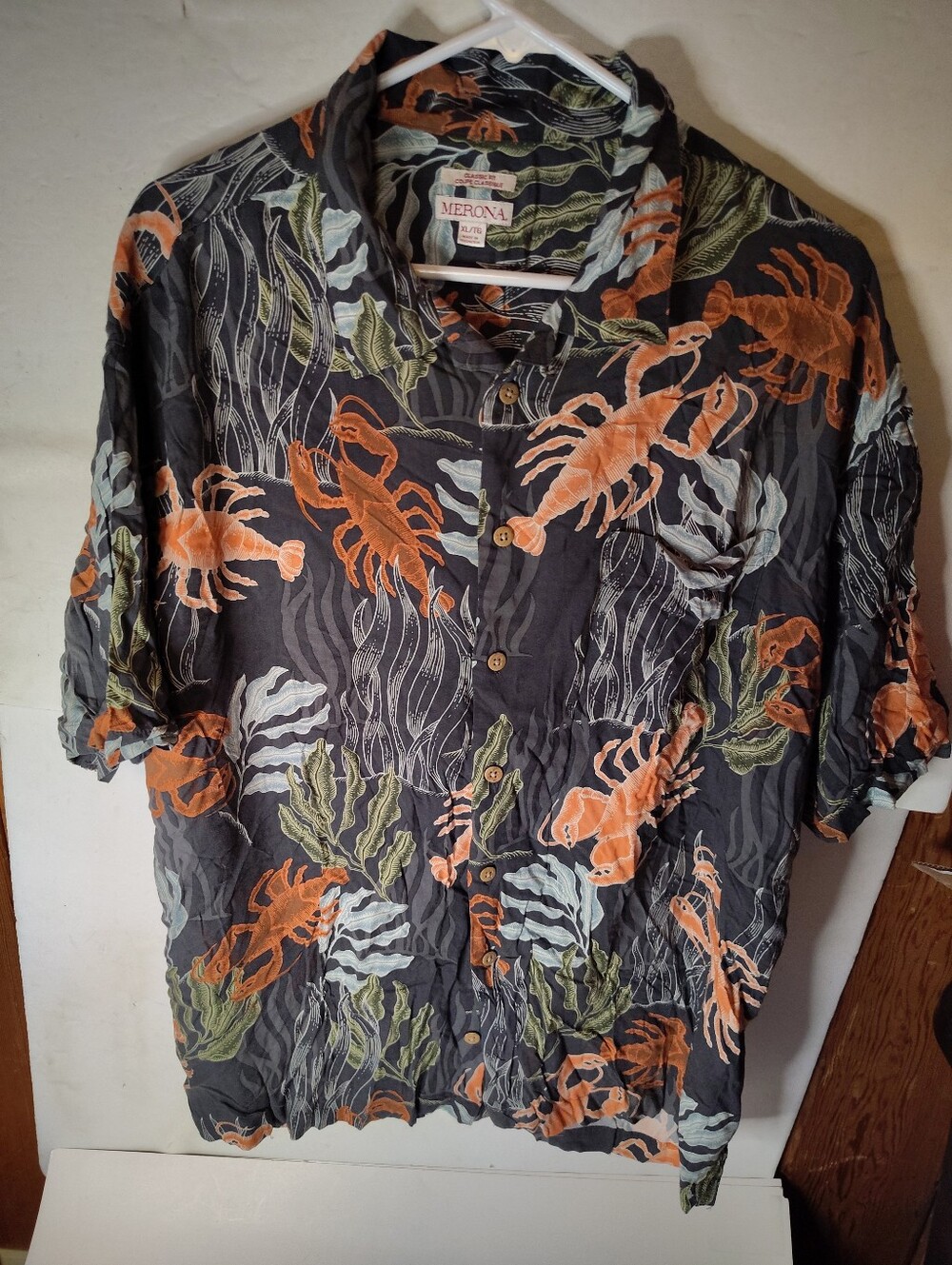 Merona Hawaiian Shirt Lobster Print  Shirt Rayon Size XL